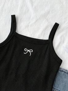 SHEIN 少女灰色针织蝴蝶结刺绣吊带背心，迷你甜美休闲款，春夏基础款，日常百搭，适合返校季 - 黑色 - 查看 5