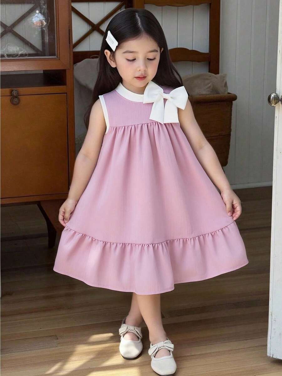 Elladie kids Đầm không tay dáng rộng màu trơn cho bé gái, kiểu dáng thanh lịch phù hợp cho kỳ nghỉ. - Hồng - Xem 1