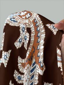 Elenzga Đầm dáng rộng in họa tiết tay cánh dơi cổ tròn cỡ lớn, thích hợp cho kỳ nghỉ và các buổi tụ họp, phù hợp cho người có thân hình mũm mĩm. - màu nâu - Xem 4