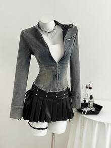 Elamini Women's Long Sleeve Zip Front Fitted Casual Denim Jacket