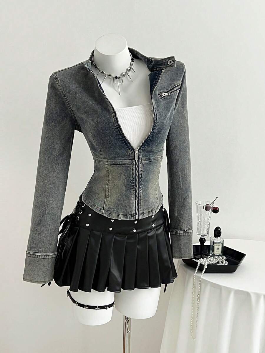 Elamini Women's Long Sleeve Zip Front Fitted Casual Denim Jacket