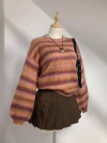 Elamini 女式圆领落肩长袖渐变色休闲时尚毛衣，秋冬