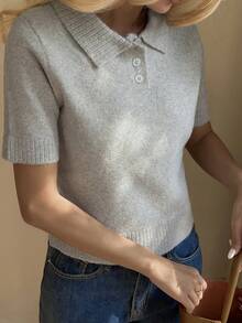 Livesso 女士休闲针织短袖 Polo 衫 - 灰色 - 查看 4