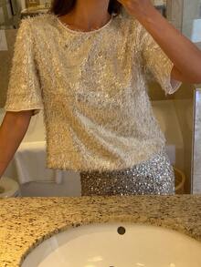 DAZY Sequin Embellished Round Neck Loose Fit Party T-Shirt For Women Y2k - White - View 6