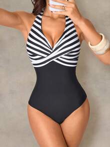 Shapewave Áo tắm liền thân cổ yếm kẻ sọc, thiết kế xếp ly chéo, phối sọc đen trắng, gấu áo ôm sát, dây buộc cổ yếm thanh lịch và gợi cảm có thể điều chỉnh. - màu đen - Xem 3
