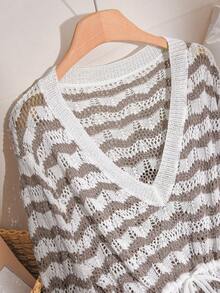 CosyJoli 大码优雅法式极简波浪纹多功能度假休闲镂空针织上衣和裤子两件套，轻盈透气，适合春夏穿着 - 駝色 - 查看 4