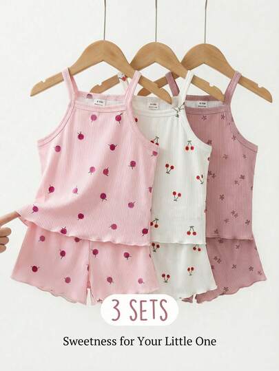 SHEIN Playful Pals 女婴舒适百搭甜美可爱吊带短裤套装，多件套夏季服装