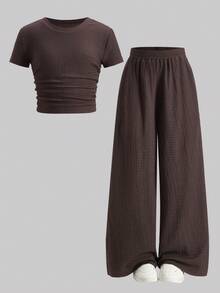 SHEIN Tween Girl Solid Brown Textured Knit Side Ruched Short Sleeve Fitted T-Shirt And Wide Leg Pants Casual 2-Piece Set - Brown - View 2