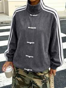 Muchica Women's Casual Gray Striped Knit Lightweight Jacket, Autumn - Grey - View 4