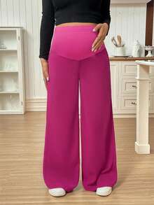 SHEIN Maternity Casual Solid Color Wide Leg Pants - Hot Pink - View 6