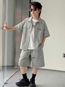 2件套儿童/青少年男童休闲韩版工装领短袖衬衫和纯色短裤套装，适合上学、花园、海滩、生日、春夏穿着。 - 綠色 - 查看 1