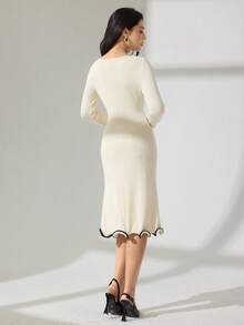 Modelyn Autumn/Winter Sexy Ruffle Hem Ribbed Knit Long Sleeve Bodycon Dress Fall Cloth For Women - Beige - View 3