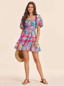 Coeurva 春夏度假风梭织印花短袖方领女式迷你连衣裙 - 彩色 - 查看 4