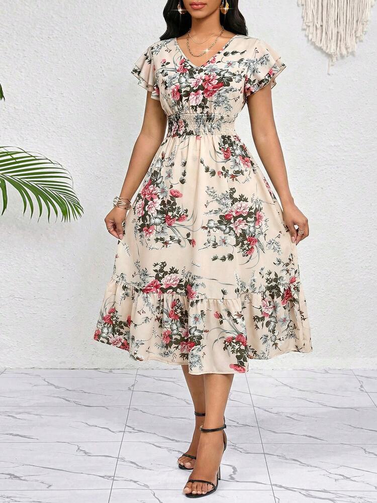 SHEIN Lady Floral Print Ruffle Trim Pleated Hem Belted Dress Midi Dress Casual Everyday Elegant Party Four Seasons Birthday&Event Dresses /Office Dresses /Holiday Dresses - Apricot - View 3