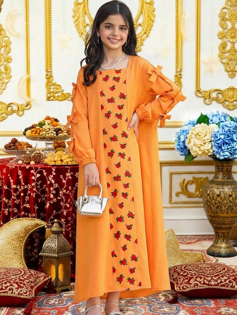 SHEIN Tween Girl Orange Floral Ombre Rose Pattern Patchwork Bow Decor Loose Wide Neck Long Sleeve Robe,Autumn Modest Wedding Guest Arabian Long Dress - Orange - View 1