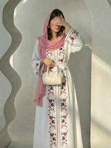 Sparklyn Váy dài tay cổ tròn in hoa giản dị dành cho bé gái tuổi teen, mùa thu - trắng - Xem 4