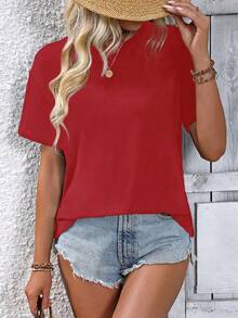 SHEIN Holidaya Women's Solid Color Round Neck Short Sleeve Casual T-Shirt With Back Slit - Red - View 6