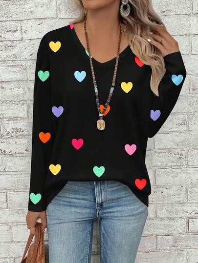 EMERY ROSE Colorful Funny Heart Print Plus Size Women V-Neck Long Sleeve Loose T-Shirt, Suitable For Valentine's Day , Vacation/Summer/Spring