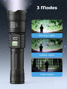 Teckwe High Power Long Range LED Flashlight Tactical Light, LCD Power Display USB Rechargeable Light Telescopic Zoom Torch Camping Lantern, Suitable For Multiple Scenarios - Black - View 3