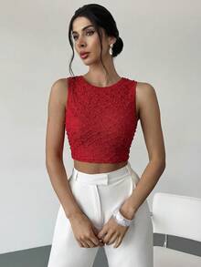 Firerie Women's Apricot Crew Neck Sleeveless Backless T-Shirt Top, Textured Fabric Top, Summer Top, Women's Casual Vacation Top - Red - View 3