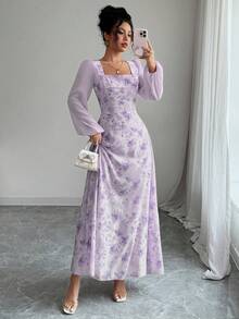 Modelyn Vestido de verano elegante de manga larga con cuello cuadrado y estampado para mujer - Morado - Ver 2