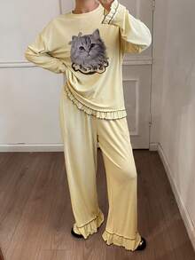DAZY 2pcs Cat Pattern Loose Long Sleeve Frill Trim Pajama Set For Women - Yellow - View 1