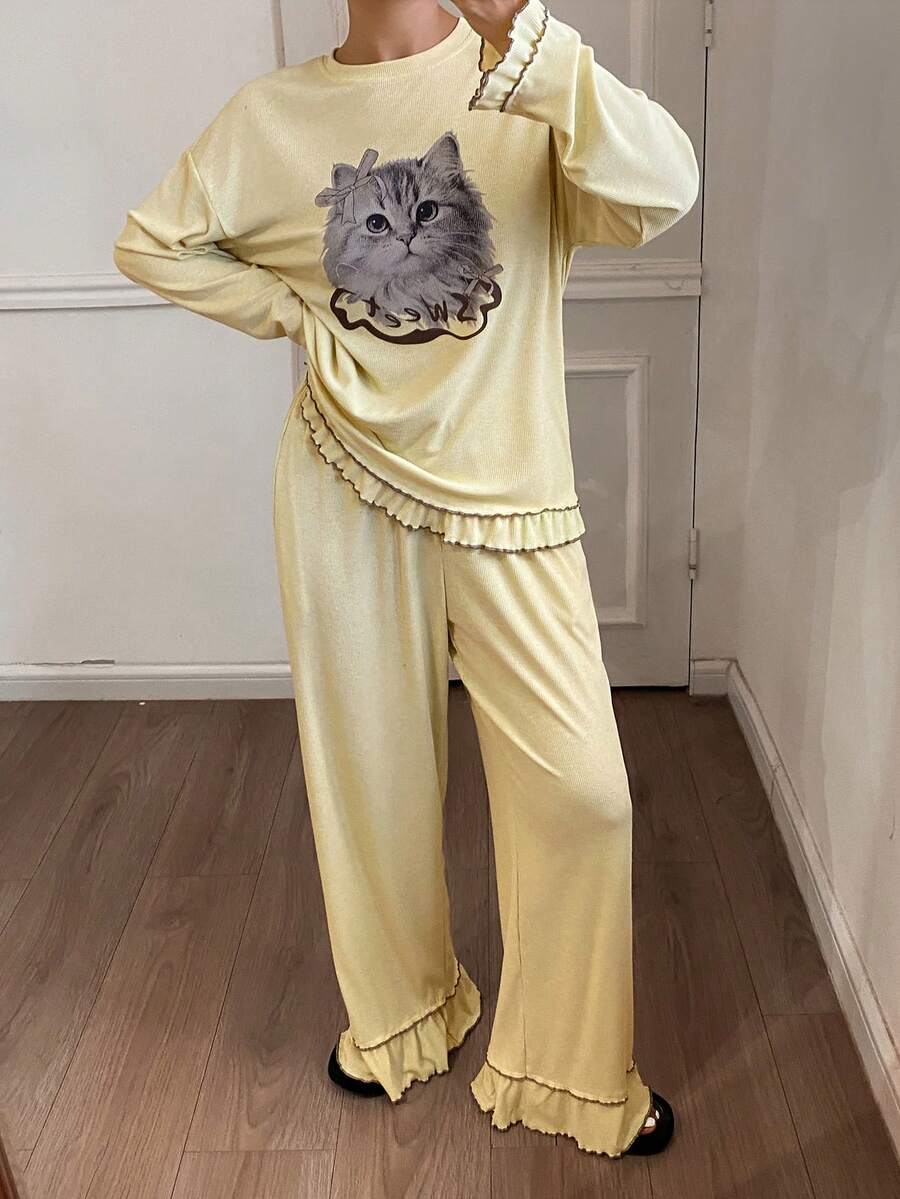 DAZY 2pcs Cat Pattern Loose Long Sleeve Frill Trim Pajama Set For Women - Yellow - View 1