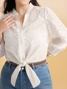 Momelise Plus Size Women's White Autumn Elegant Party Shirt,Hollow Lace Eyelet Blouse With Tie Front Twisted Hem, Boat Neck For Work&Daily Commuting - White - View 1