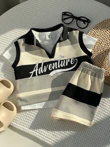 SHEIN 3件套男女通用婴儿黑白条纹套装，白色T恤，无袖背心和短裤，春夏男婴服装 - 黑與白 - 查看 6