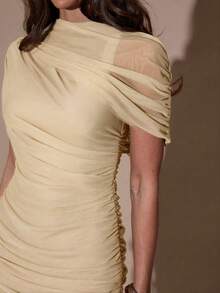 SHEIN BAE Váy ôm body nhún bèo thanh lịch, thích hợp cho tiệc cocktail, hẹn hò lãng mạn, mặc nhiều lớp mùa thu/đông, tiệc tùng, tụ họp trang trọng, Halloween, Giáng sinh - Màu be - Xem 6