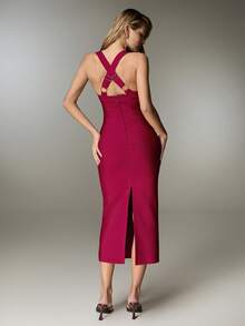 Nuvra 女士纯色腰部镂空修身性感无袖连衣裙 - 酒紅色 - 查看 2