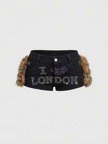 ROMWE Avant Y2K Baddie Flaggen- & Stern-Strass-Patchwork Leopard Kunstfell Tief Sitzende Denim Shorts - Schwarz - Übersicht 1