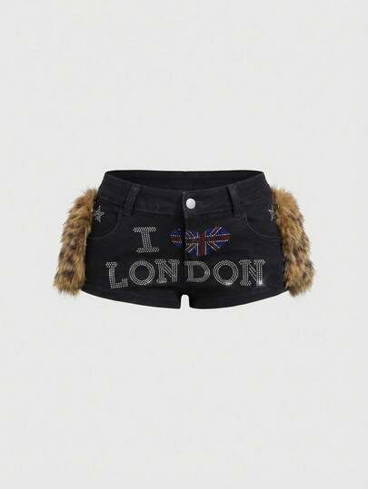 ROMWE Avant Y2K Baddie Flag & Star Rhinestone Patchwork Leopard Faux Fur Low-Rise Denim Shorts