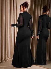 Cravure Christmas Plus Size Women's Elegant Party Knit Vertical Striped Semi-Sheer Sleeve Stand Collar Black Fitted Dress, Autumn - Black - View 3