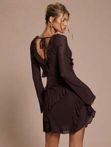 SHEIN BAE Robe d'automne simple pour femmes avec nœud, volants à l'ourlet - Marron - Voir 8