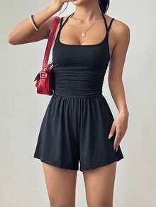 Flirla Women's Casual Pleated Loose Straight Leg Jumpsuit, Black, Spring/Summer - Black - View 4