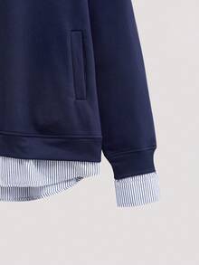 Open Phase 男士休闲拼接条纹纽扣领长袖polo衫，适合秋、冬、春季穿着 - 藏蓝色 - 查看 4