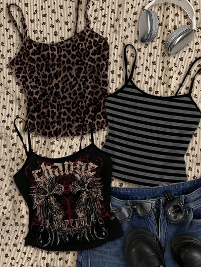 Attitoon 3件套女士休闲复古紧身撞色滚边背心套装，十字翅膀印花，豹纹，条纹，夏季，朋克，Y2K Grunge，吊带背心，复古，街头风，校园，嘻哈，演唱会，健身房，运动