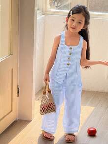 SHEIN 年轻女孩休闲街头时尚通勤装条纹方领无袖上衣和直筒裤套装 - 淺藍色 - 查看 6