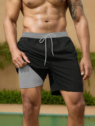 Manfinity VDAYZ Men's Contrast Color Drawstring Waist Double Layer Beach Shorts