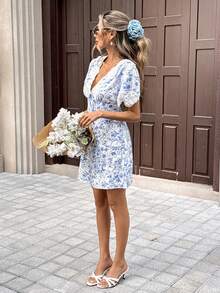 Pariaura Women's Floral Print V-Neck Lace Trim Dress - Multicolor - View 4