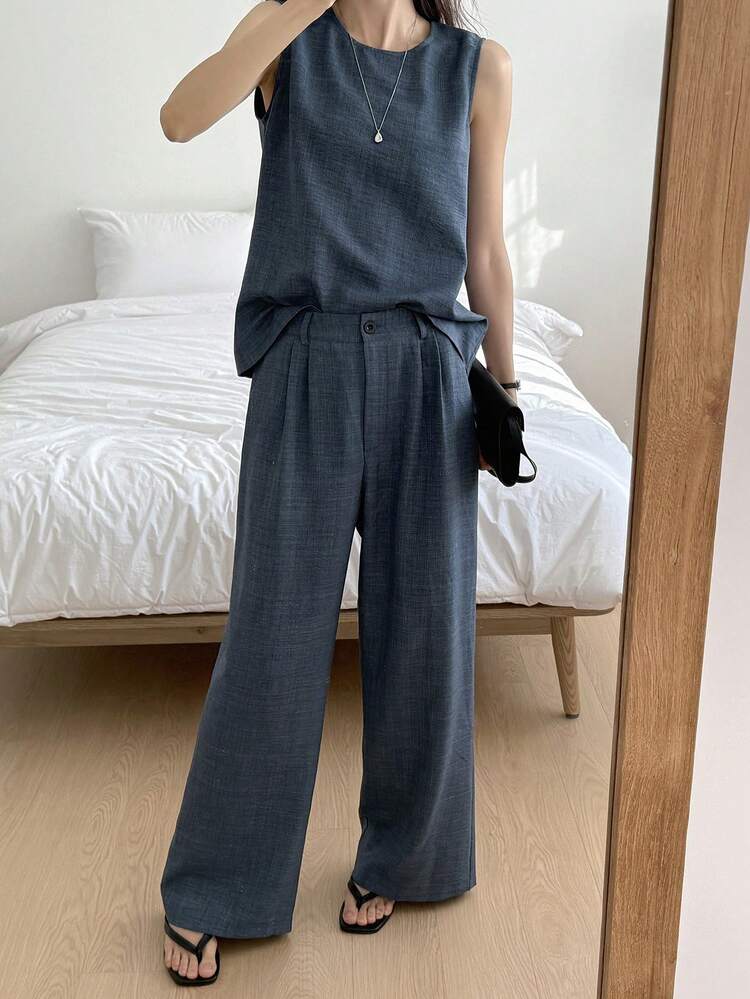 2pcs/Set Women Solid Color Sleeveless Casual Tank Tops, Minimalist Style For Daily Wear Summer Lounge Sets For Women