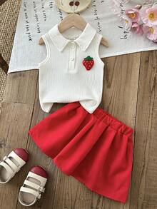 SHEIN 2pcs/ Set Outfits For Baby Girls, Spring/Summer Casual Style, Strawberry Knot Embroidered Sleeveless Top And Red Short Pleated Skirt. - Red - View 9