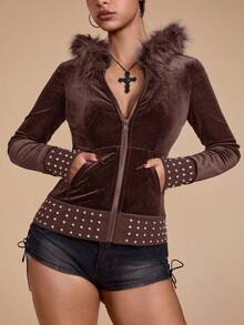 ROMWE Grunge Punk Sudadera con cremallera de terciopelo con decoración de rhinestones, ajustada para mujer, estilo Y2K - Café integral - Ver 8
