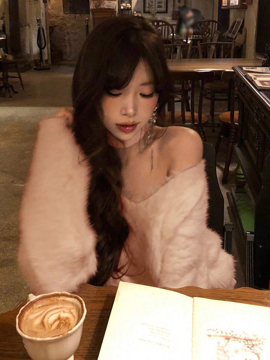 DAZY Suéter holgado con cuello de pico y diseño de cuello caído - Rosa - Ver 1