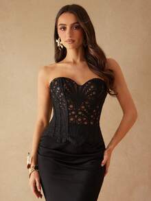 Silquee 夏季时尚性感镂空刺绣吊带背心 - 黑色 - 查看 6