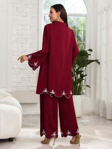 Lacomfia 女士V领刺绣宽松两件套，春夏款 - 酒紅色 - 查看 6