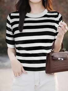 EMERY ROSE Áo dệt kim tay lửng phối màu kẻ sọc, thích hợp mặc đi làm hàng ngày. - Nhiều màu - Xem 4