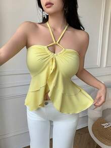 Celisse 女士纯色露背系带荷叶边上衣，夏季 - 黃色 - 查看 6