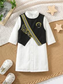 SHEIN 2pcs Newborn Baby Boy Autumn White Long Robe Shirt & Black Vest Set,Baptism,Wedding & Performance - Multicolor - View 3